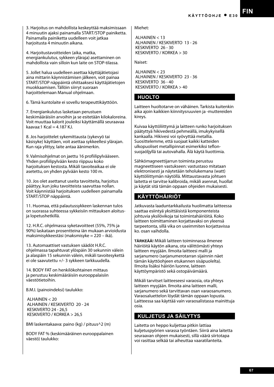 Tunturi E30 User Manual | Page 67 / 72