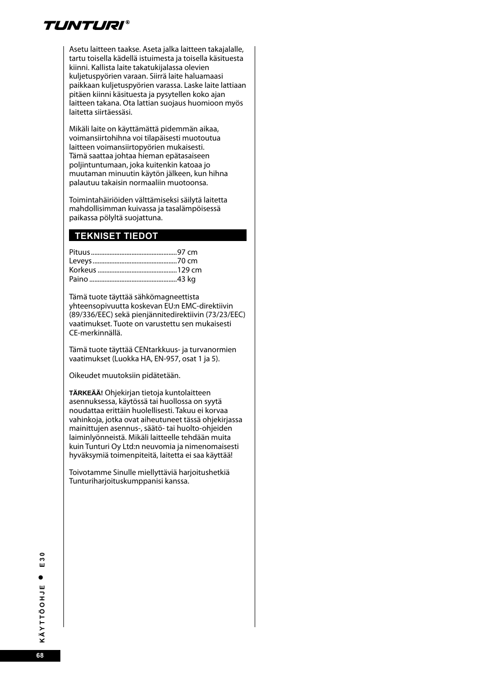 Tunturi E30 User Manual | Page 68 / 72