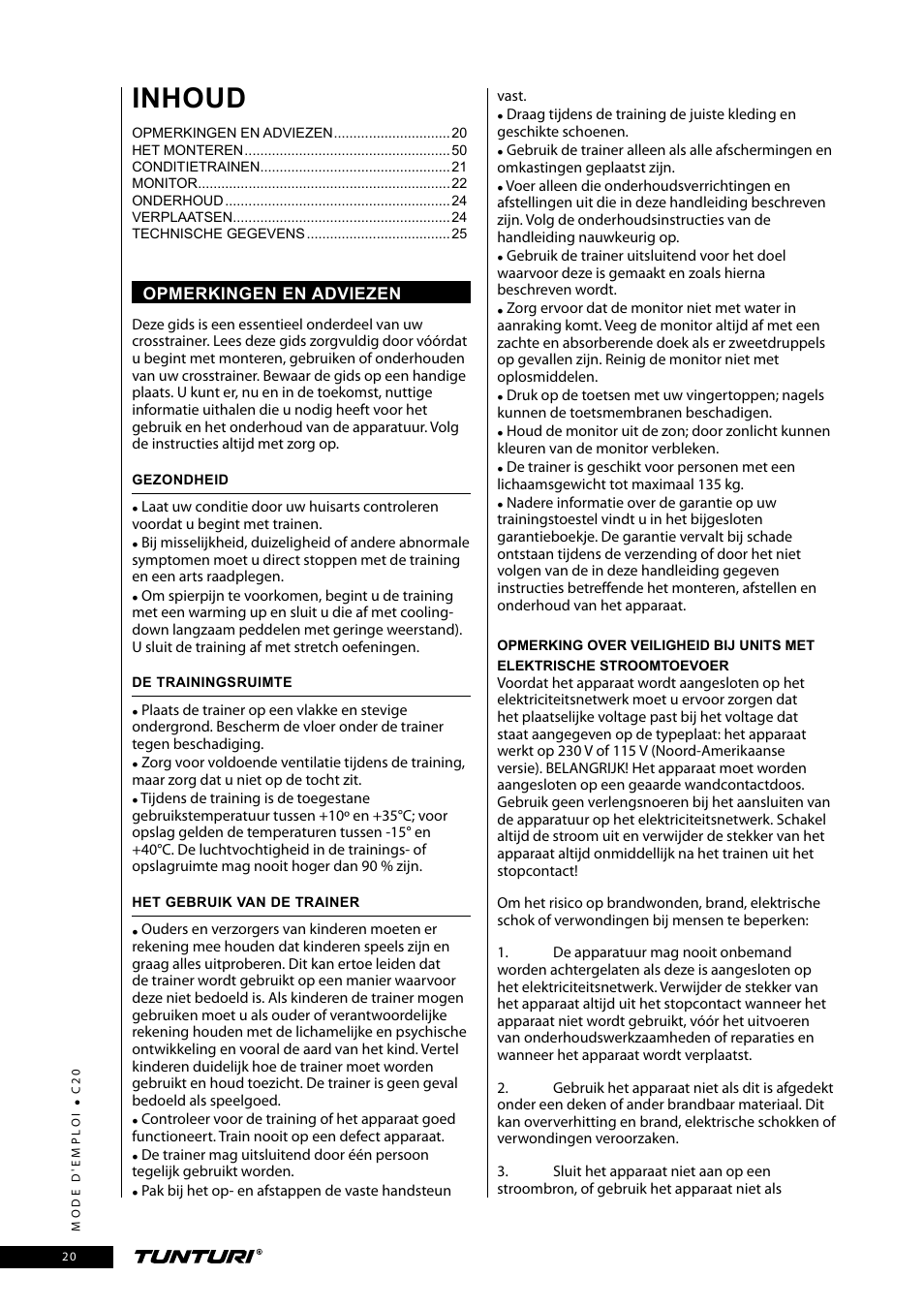 Inhoud | Tunturi C20 User Manual | Page 20 / 56