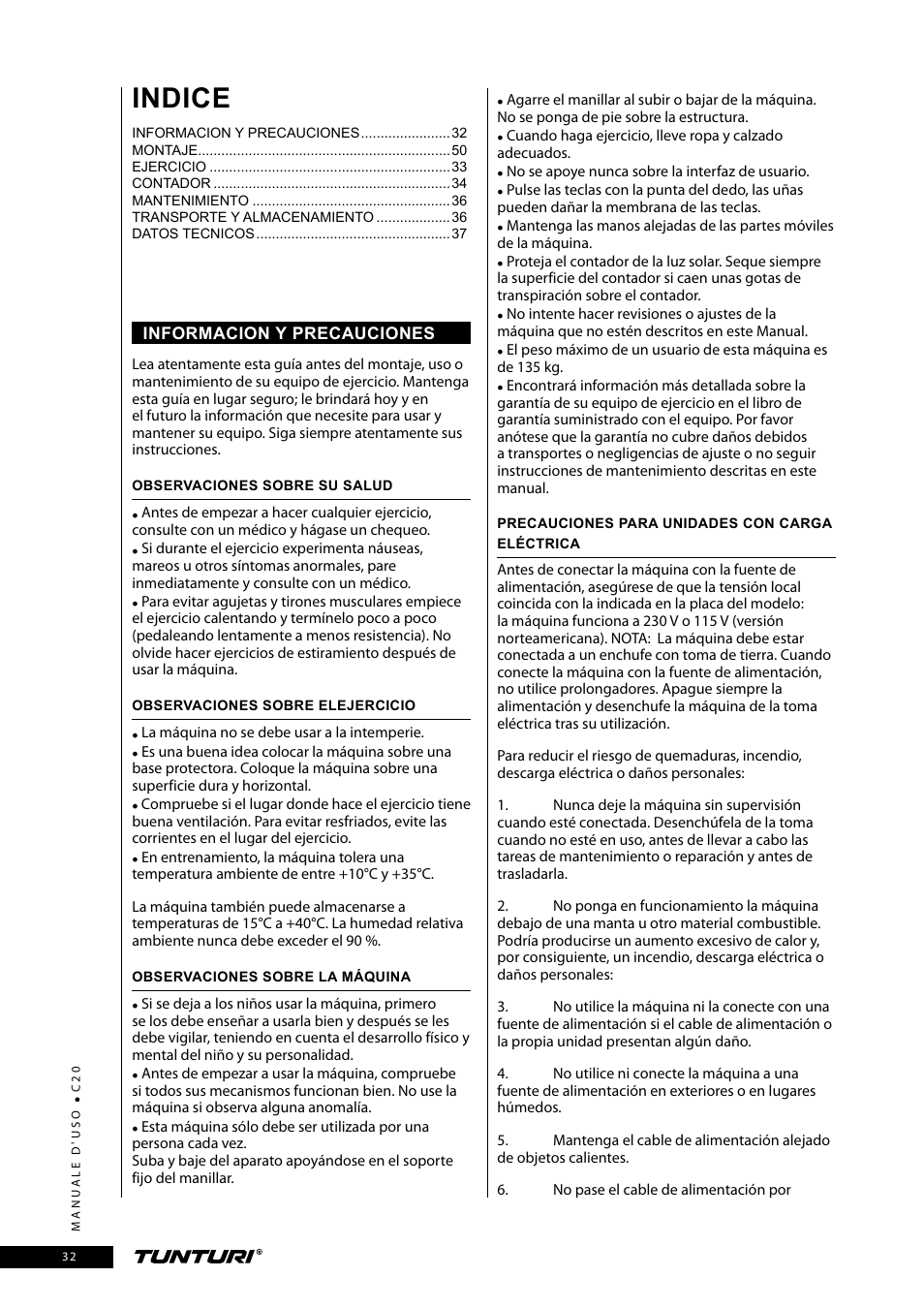 Indice | Tunturi C20 User Manual | Page 32 / 56