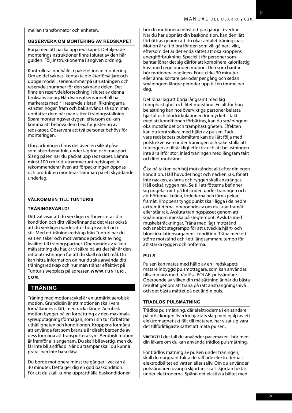 Tunturi C20 User Manual | Page 39 / 56