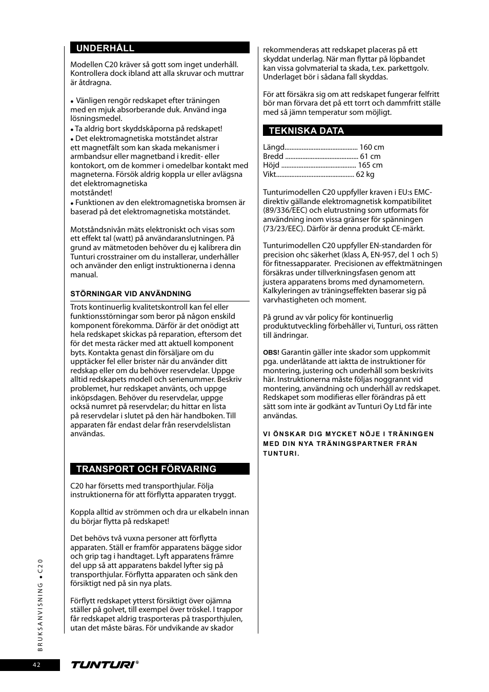 Tunturi C20 User Manual | Page 42 / 56