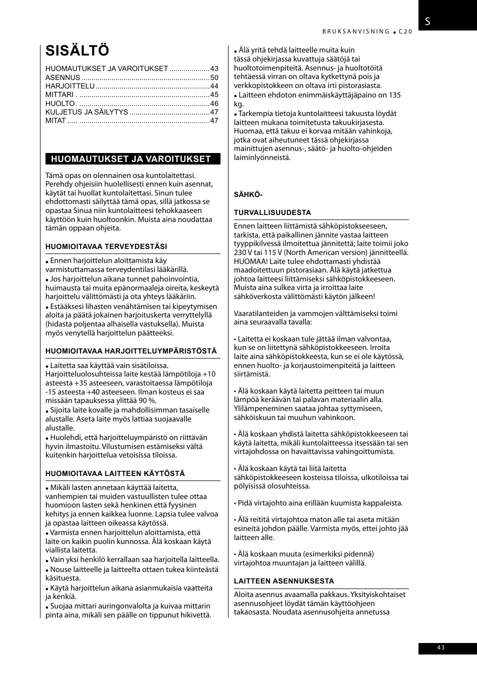 Sisältö | Tunturi C20 User Manual | Page 43 / 56