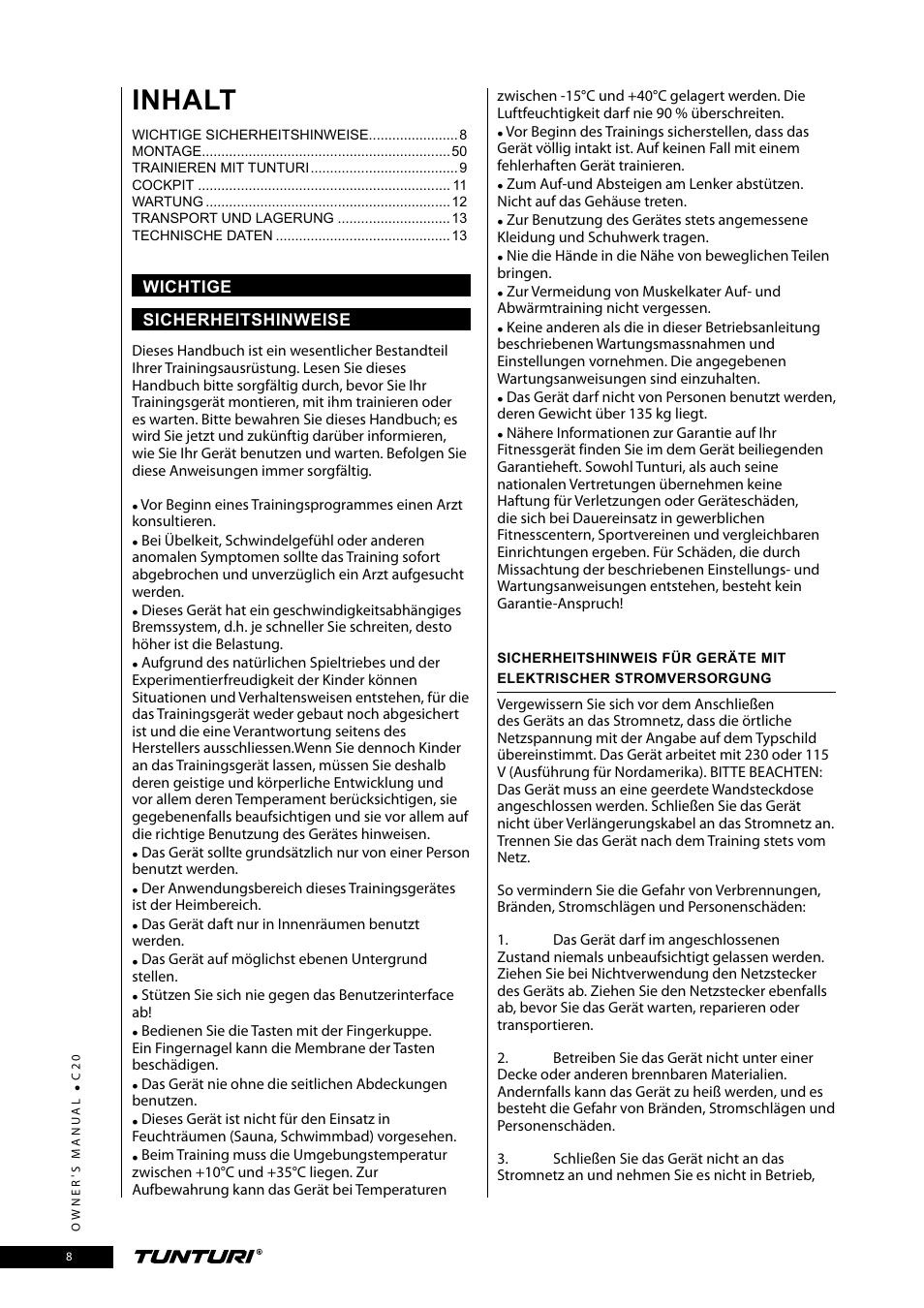 Inhalt | Tunturi C20 User Manual | Page 8 / 56