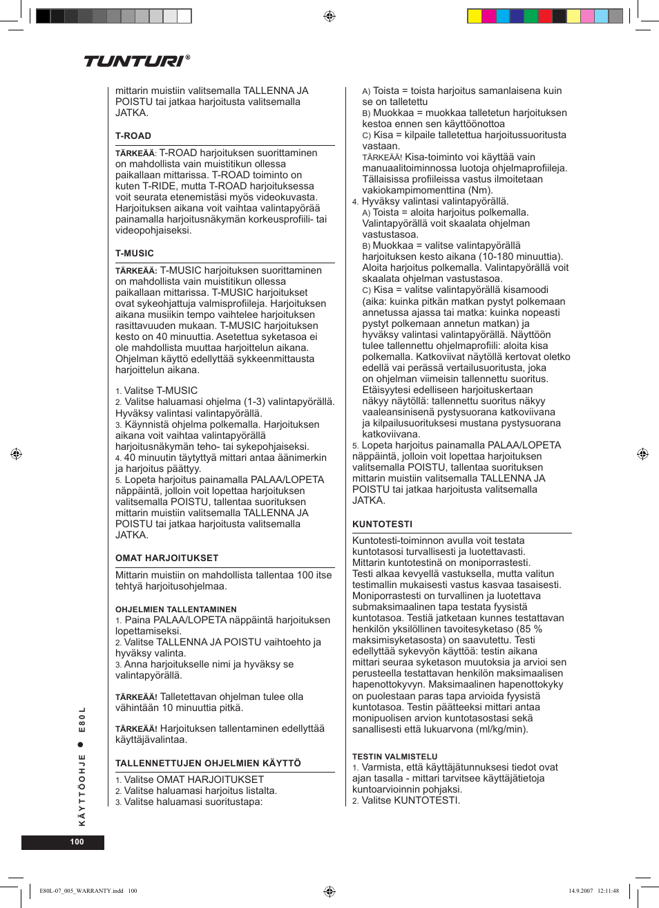 Tunturi E80L User Manual | Page 100 / 114