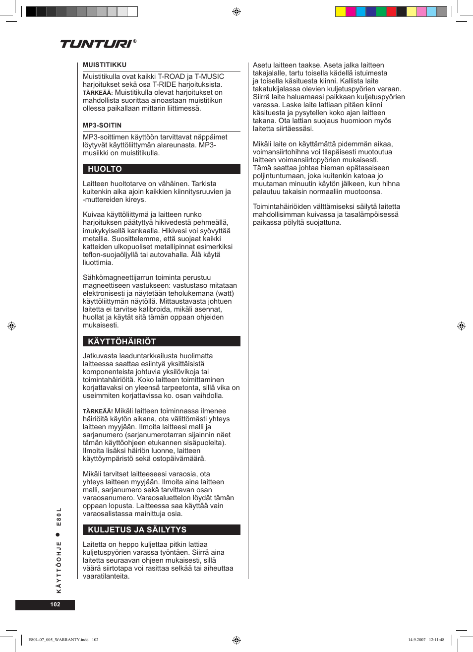 Tunturi E80L User Manual | Page 102 / 114