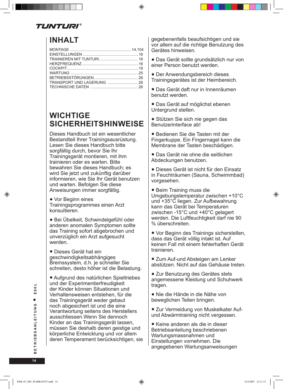 Wichtige sicherheitshinweise, Inhalt | Tunturi E80L User Manual | Page 14 / 114