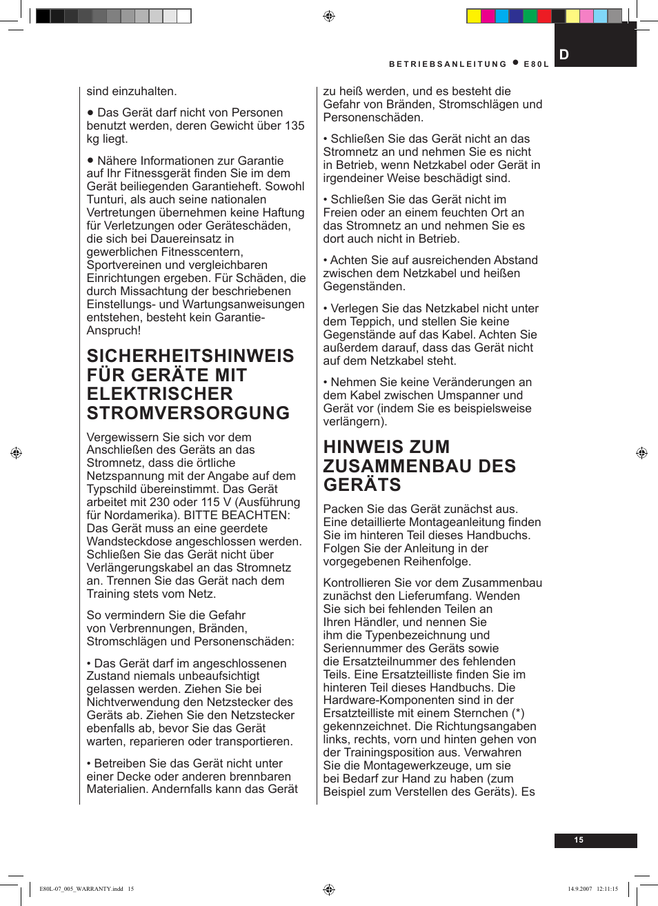 Hinweis zum zusammenbau des geräts | Tunturi E80L User Manual | Page 15 / 114