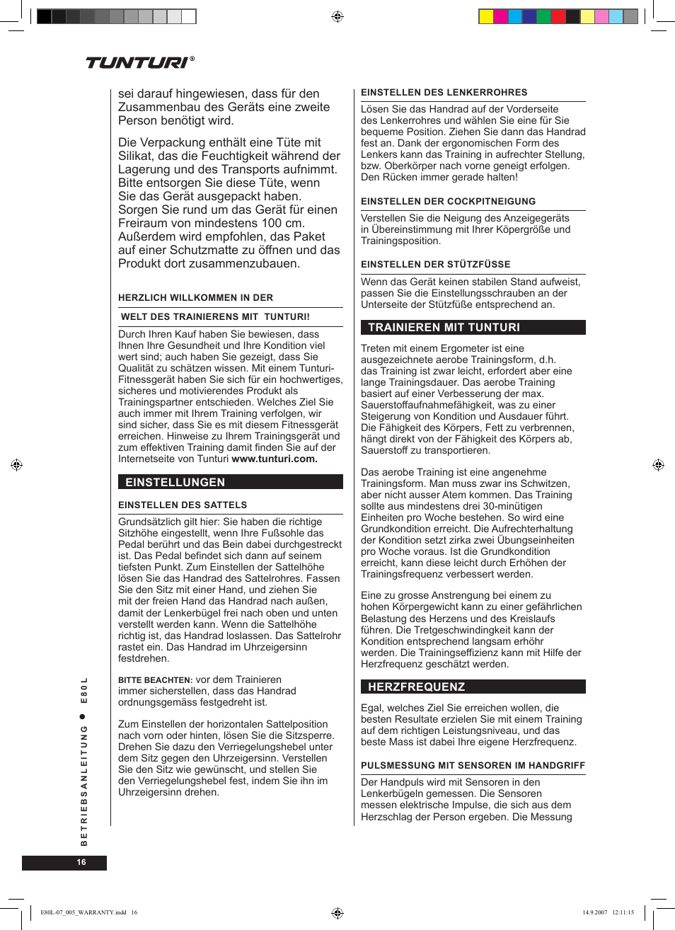 Tunturi E80L User Manual | Page 16 / 114