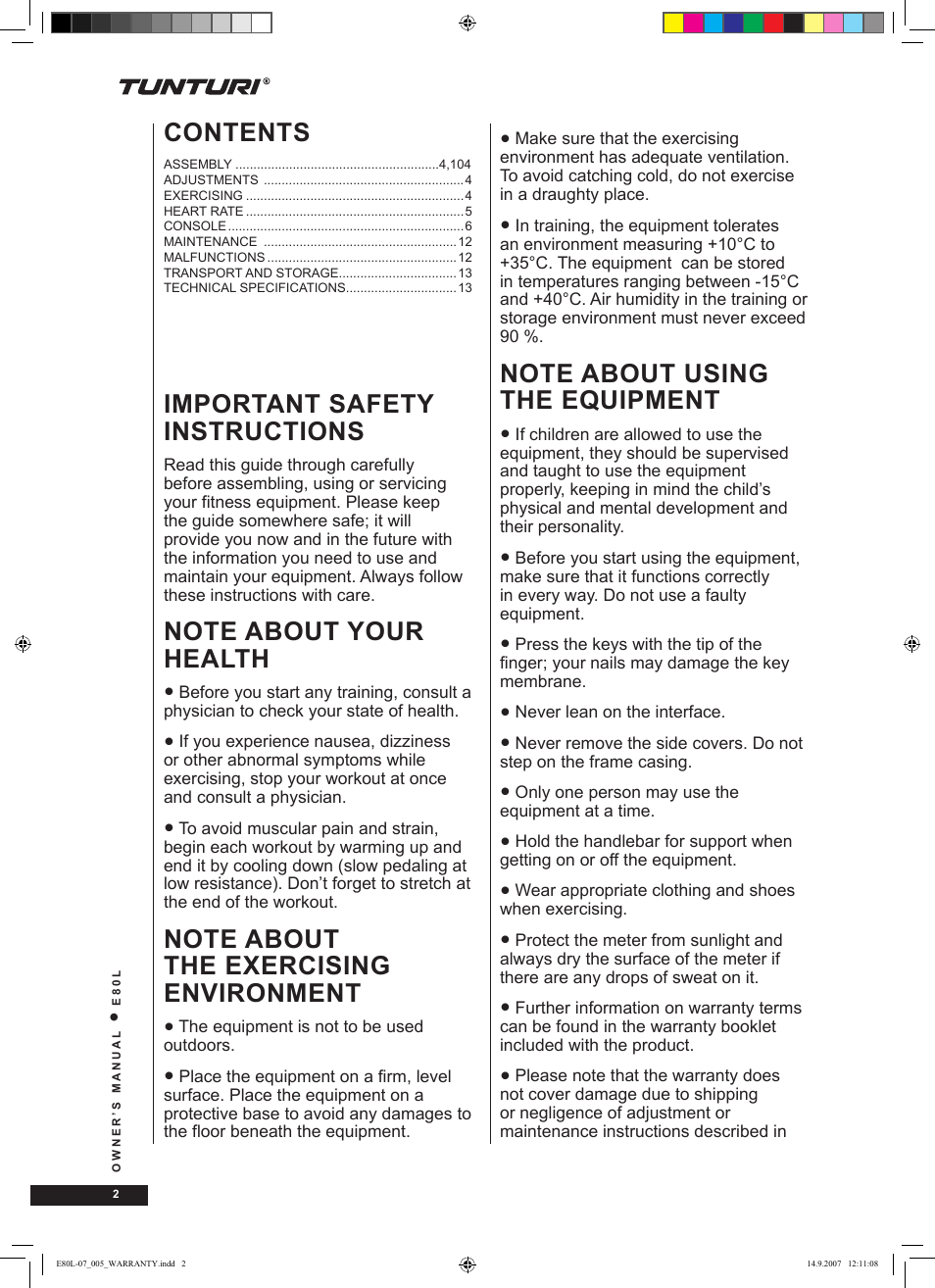 Tunturi E80L User Manual | Page 2 / 114