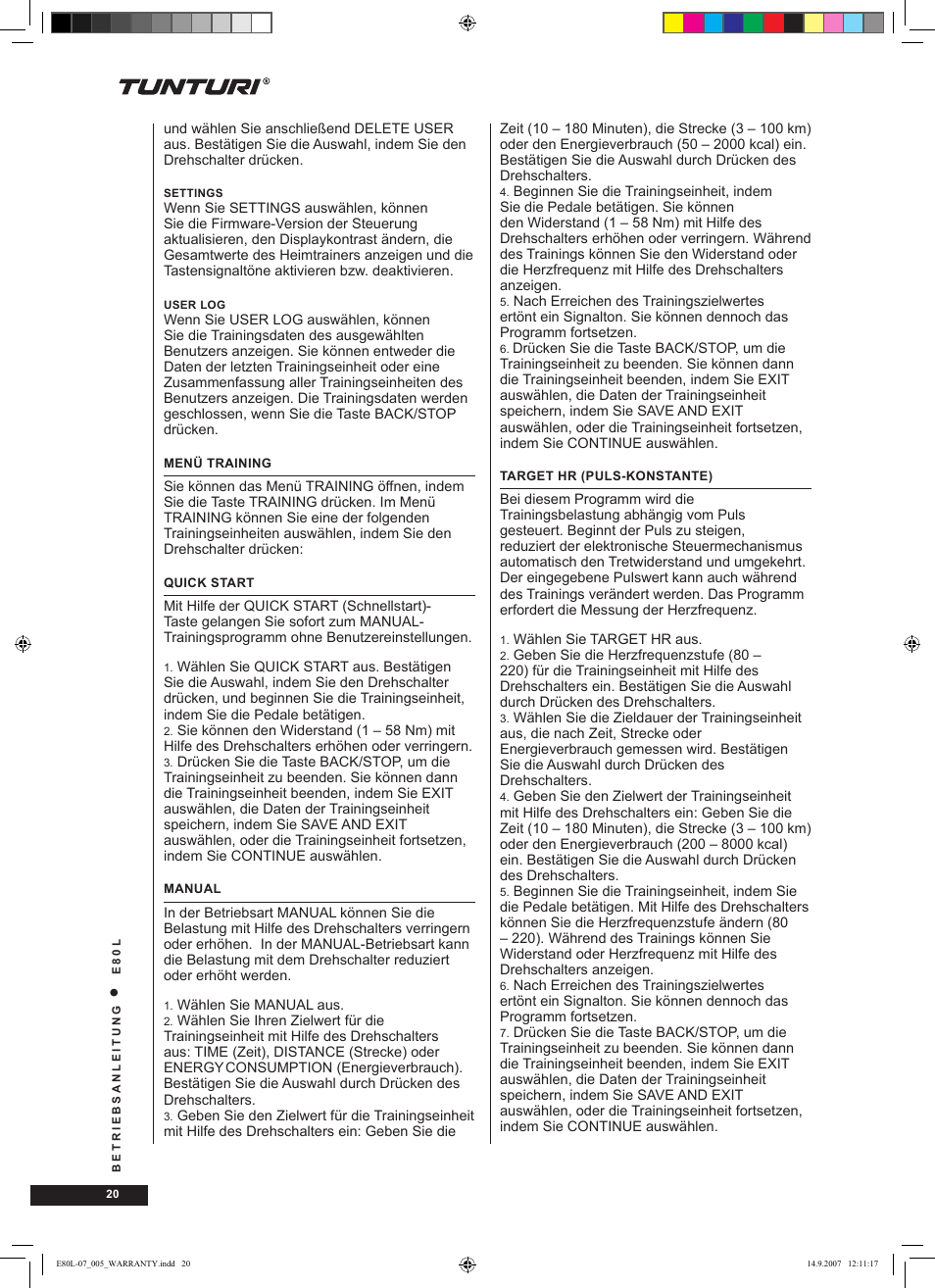 Tunturi E80L User Manual | Page 20 / 114