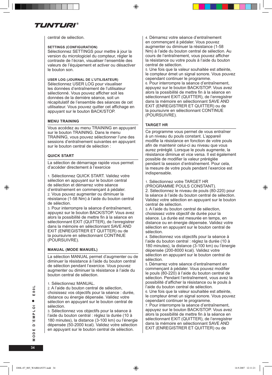 Tunturi E80L User Manual | Page 34 / 114