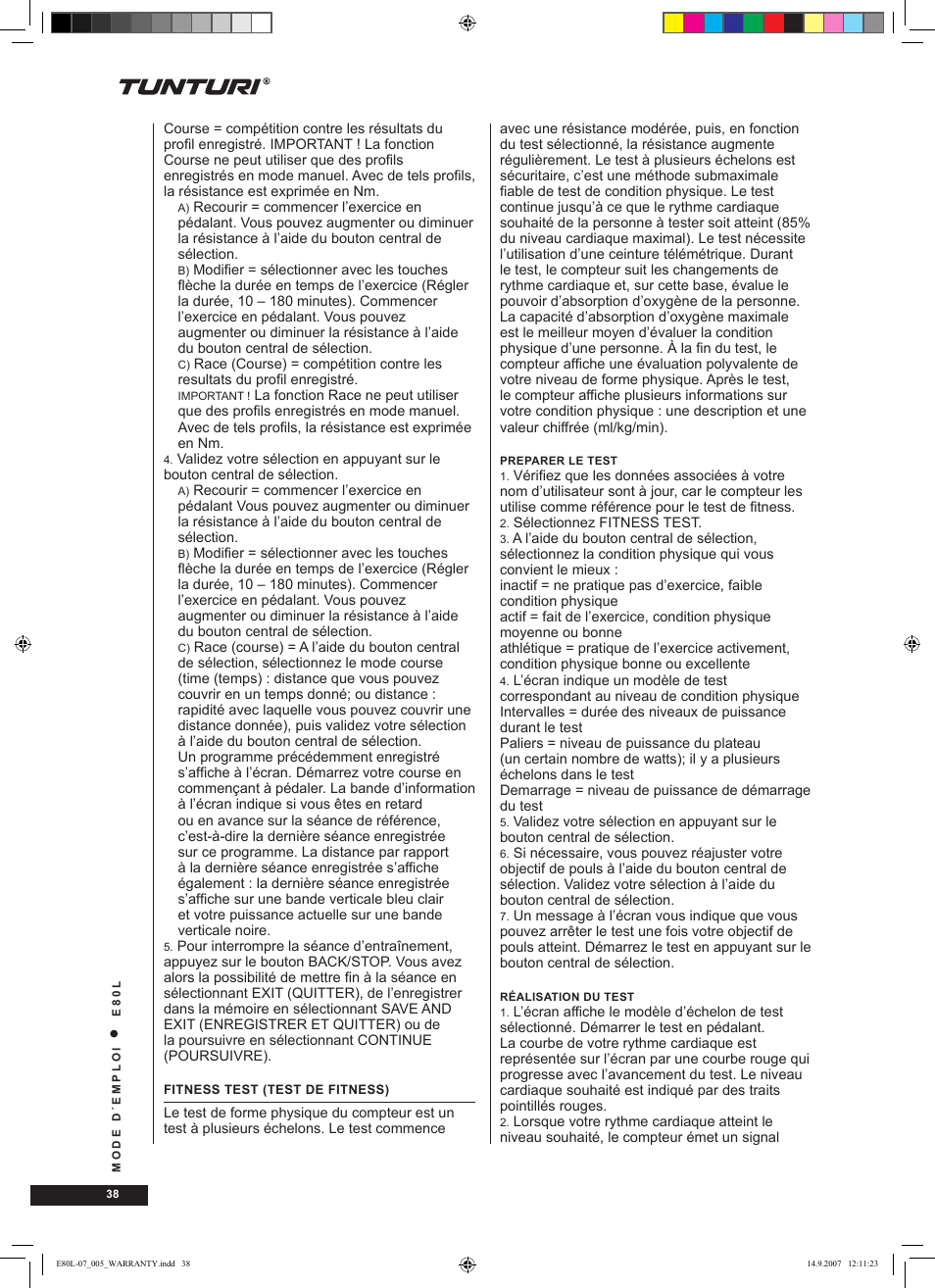 Tunturi E80L User Manual | Page 38 / 114