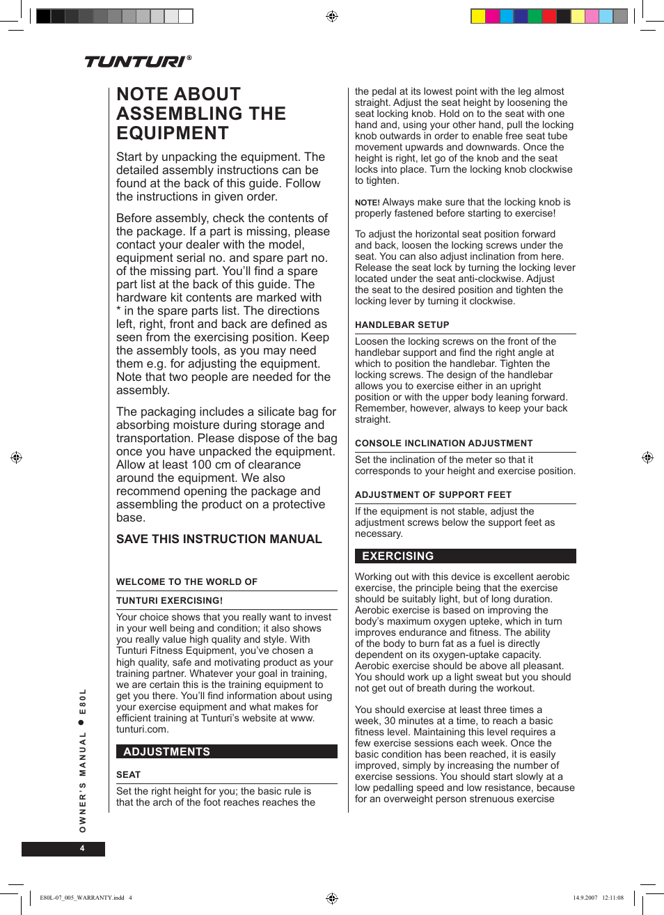 Tunturi E80L User Manual | Page 4 / 114