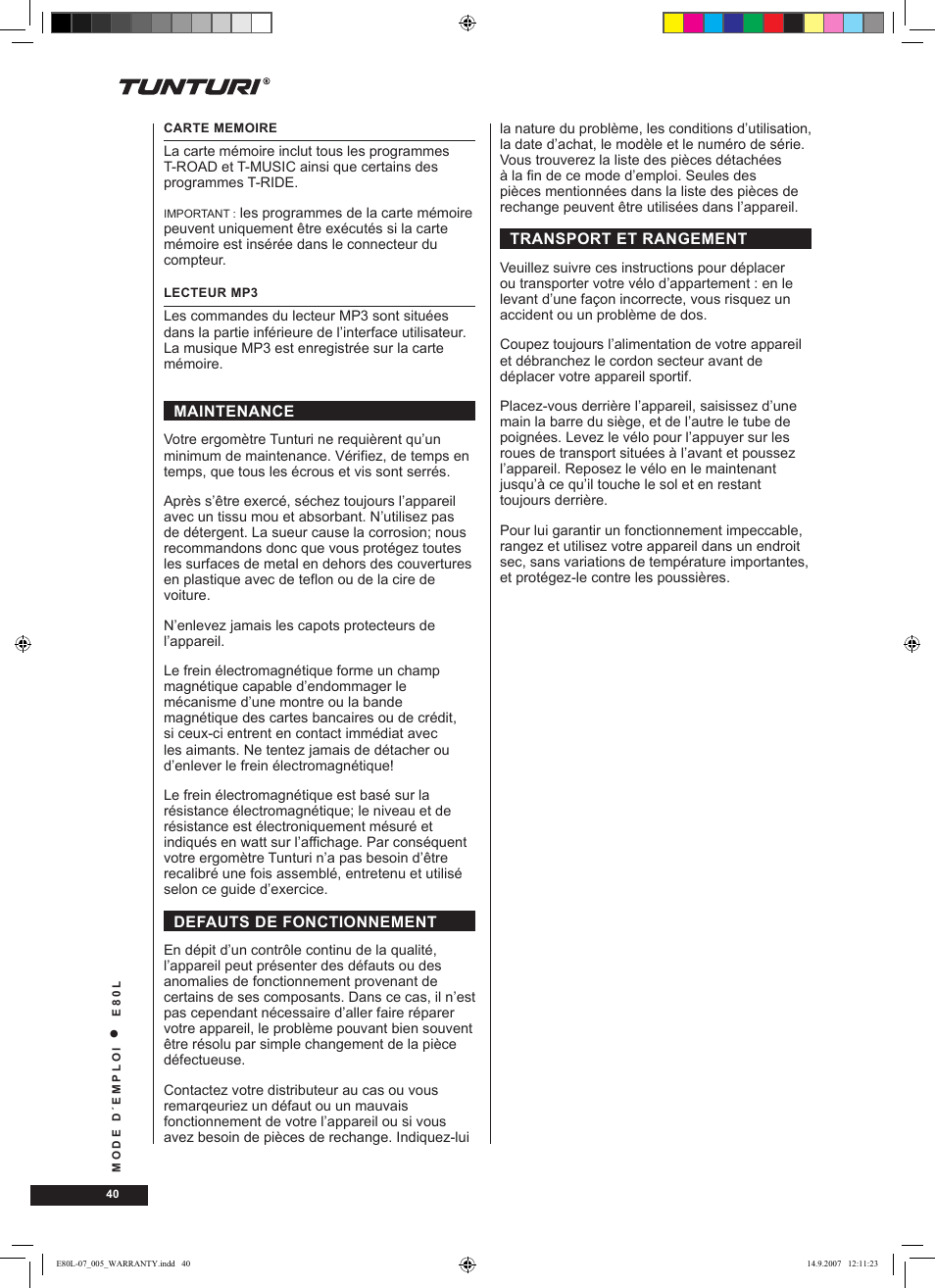 Tunturi E80L User Manual | Page 40 / 114