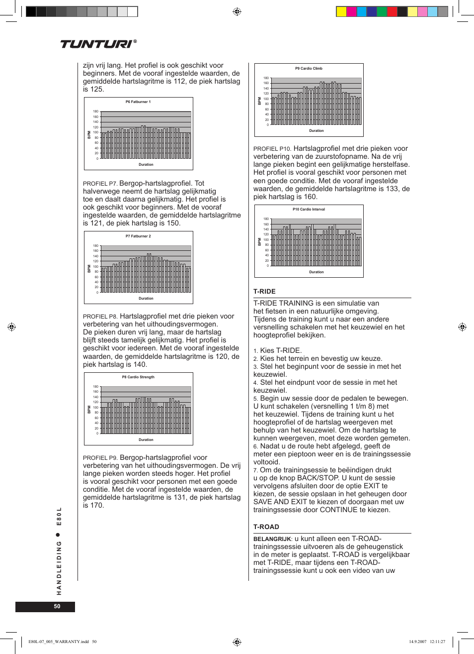 Kies t-ride, Kies het terrein en bevestig uw keuze | Tunturi E80L User Manual | Page 50 / 114