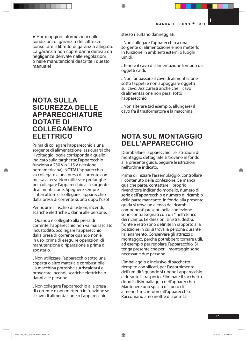 Nota sul montaggio dell’apparecchio | Tunturi E80L User Manual | Page 57 / 114