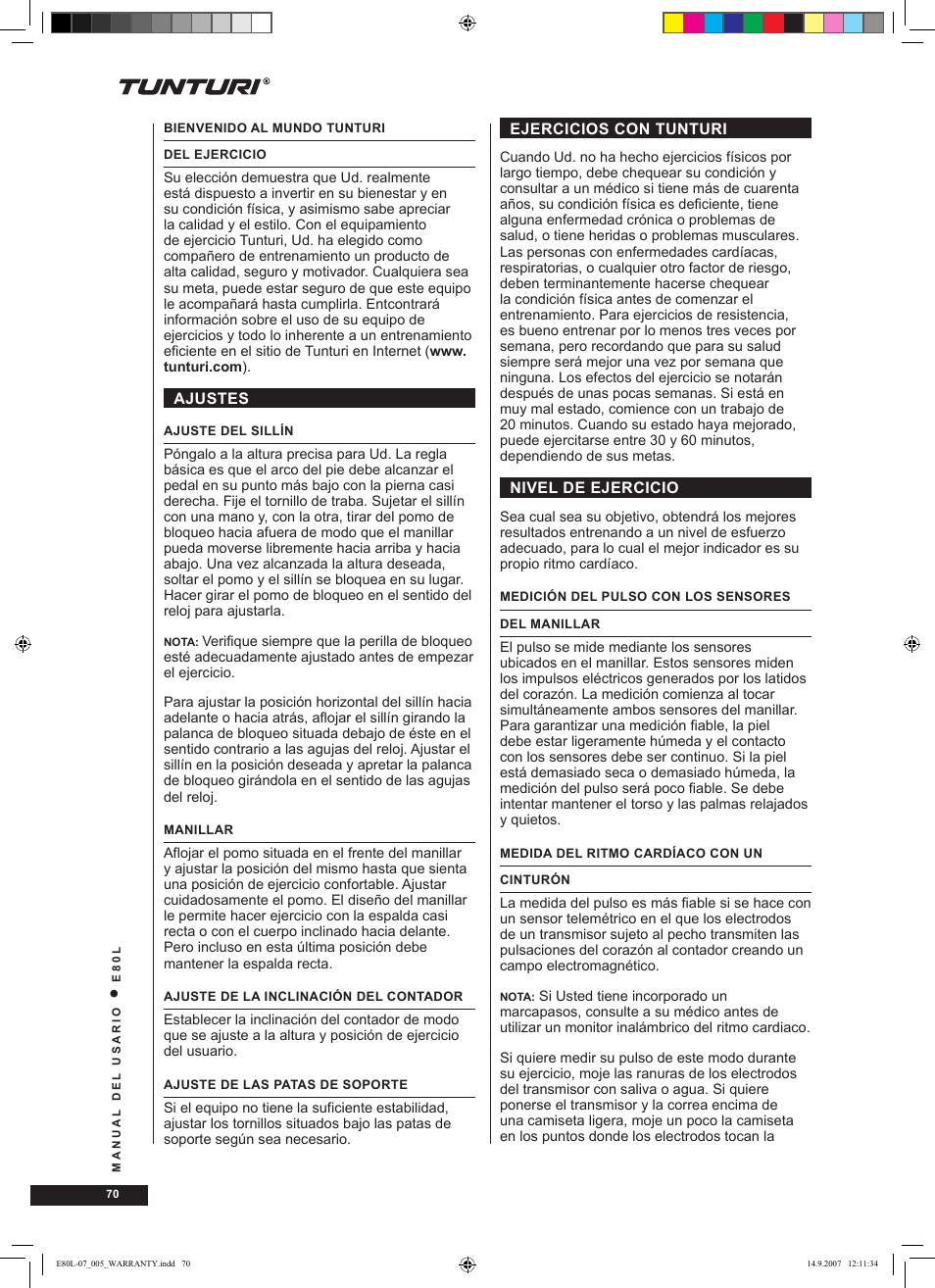 Tunturi E80L User Manual | Page 70 / 114