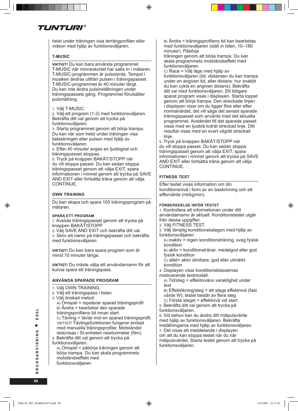 Tunturi E80L User Manual | Page 88 / 114