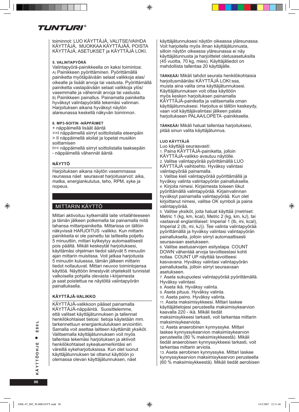 Tunturi E80L User Manual | Page 96 / 114