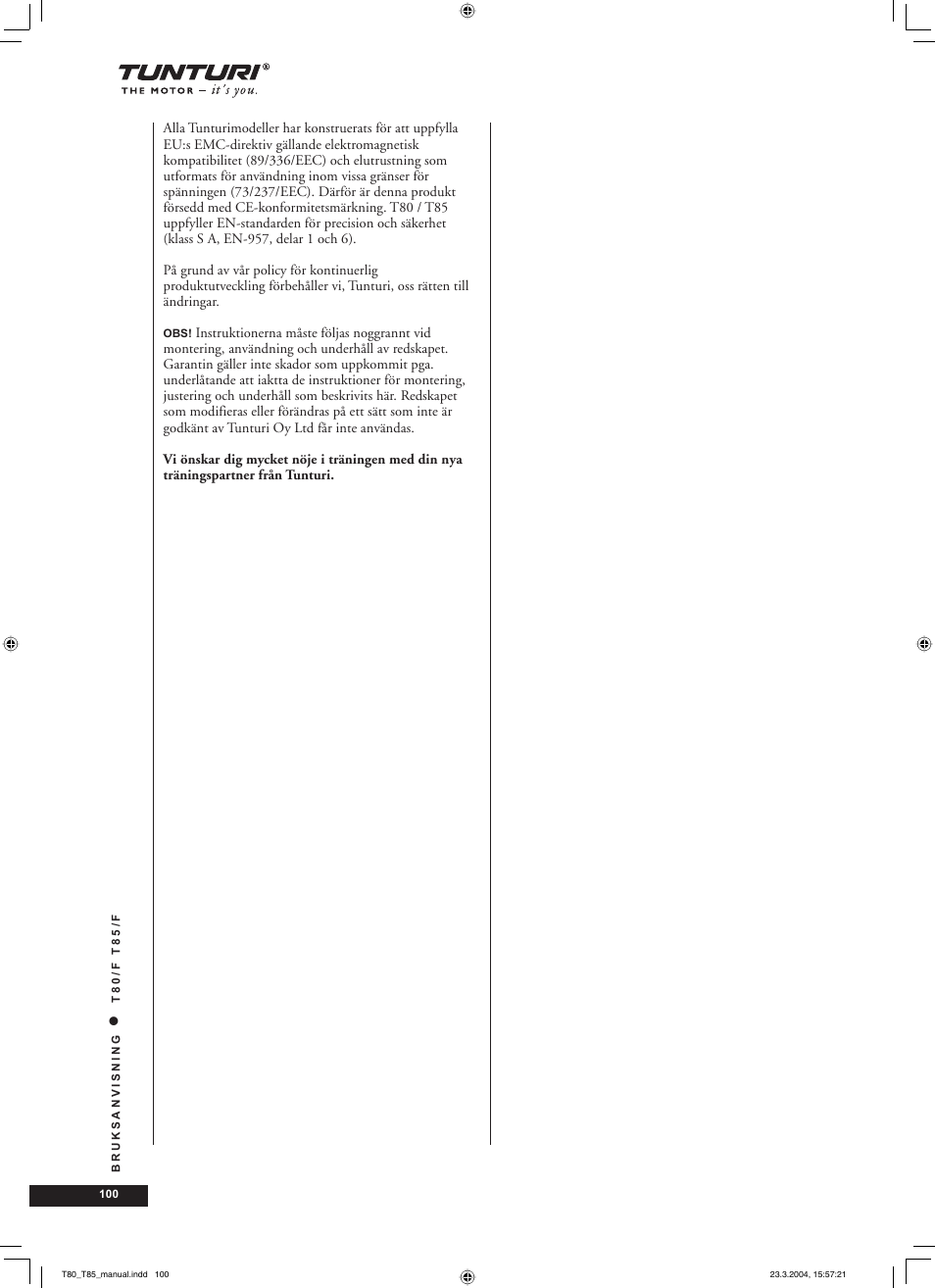 Tunturi T85/F User Manual | Page 100 / 120