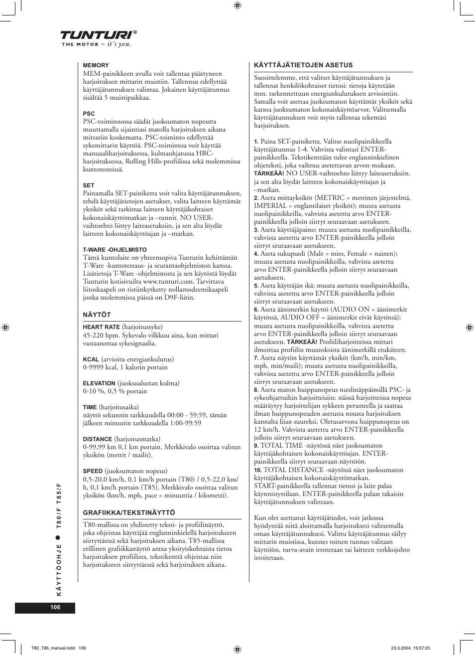 Tunturi T85/F User Manual | Page 106 / 120