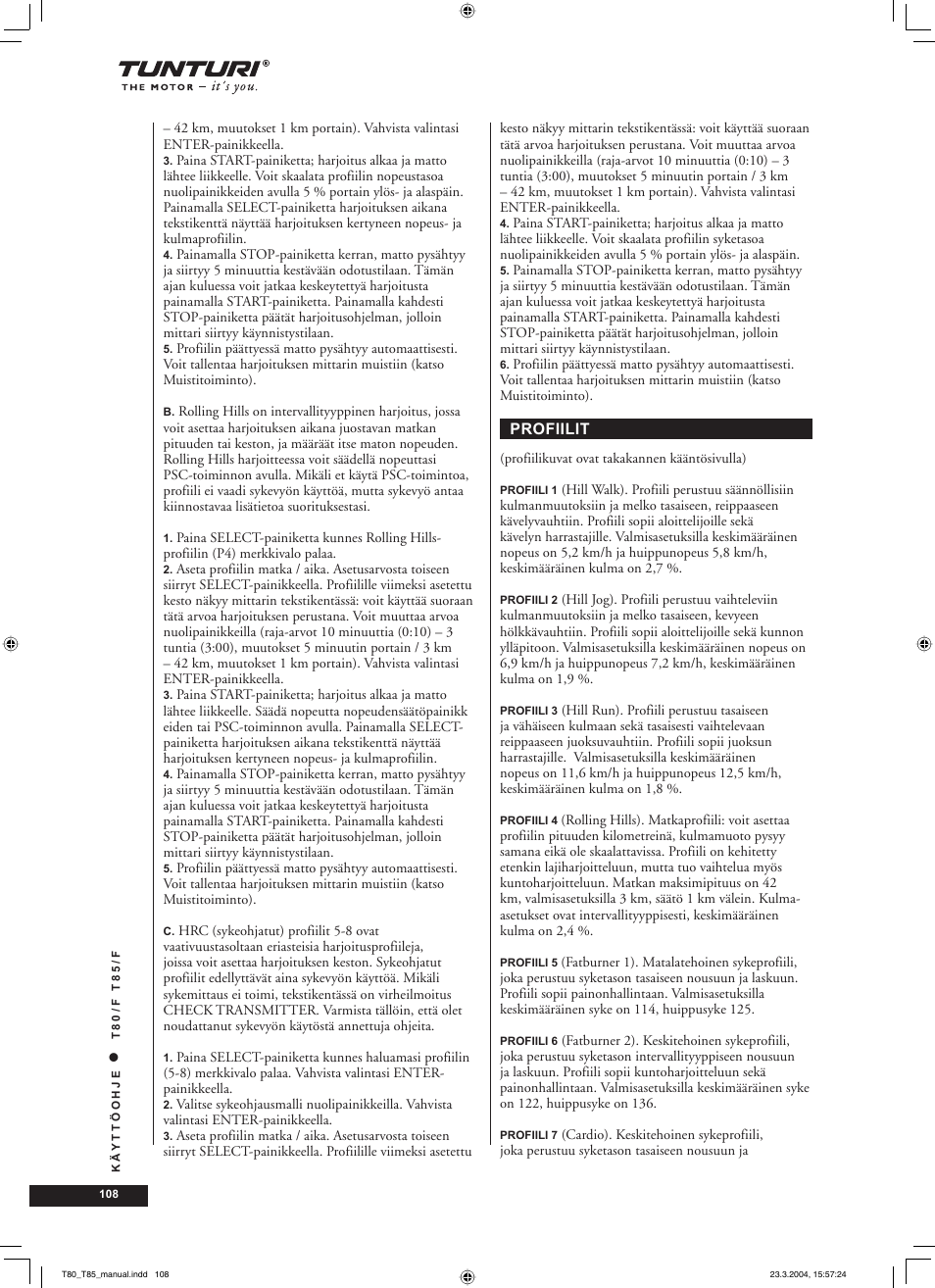 Tunturi T85/F User Manual | Page 108 / 120