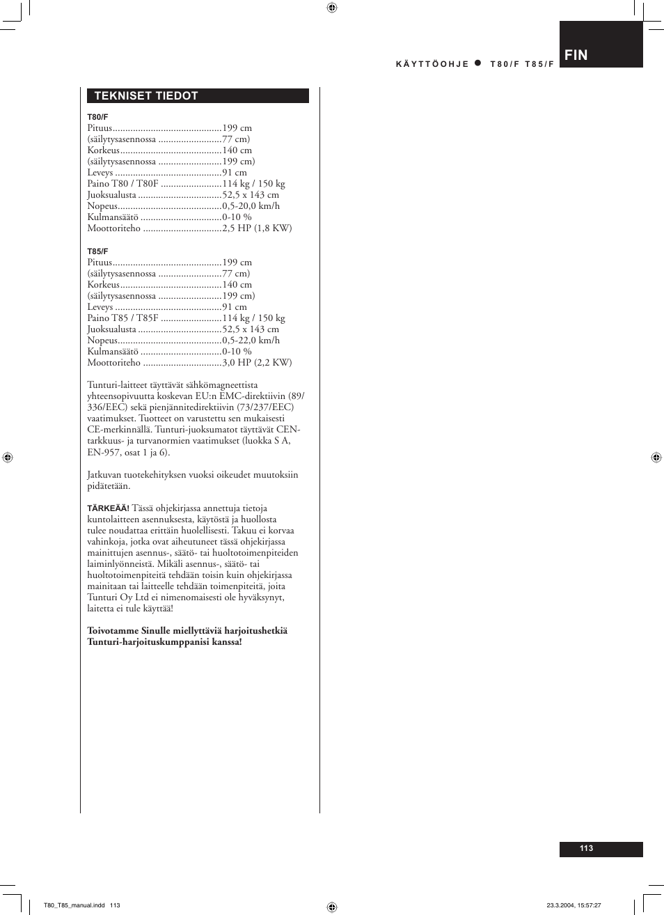 Tunturi T85/F User Manual | Page 113 / 120