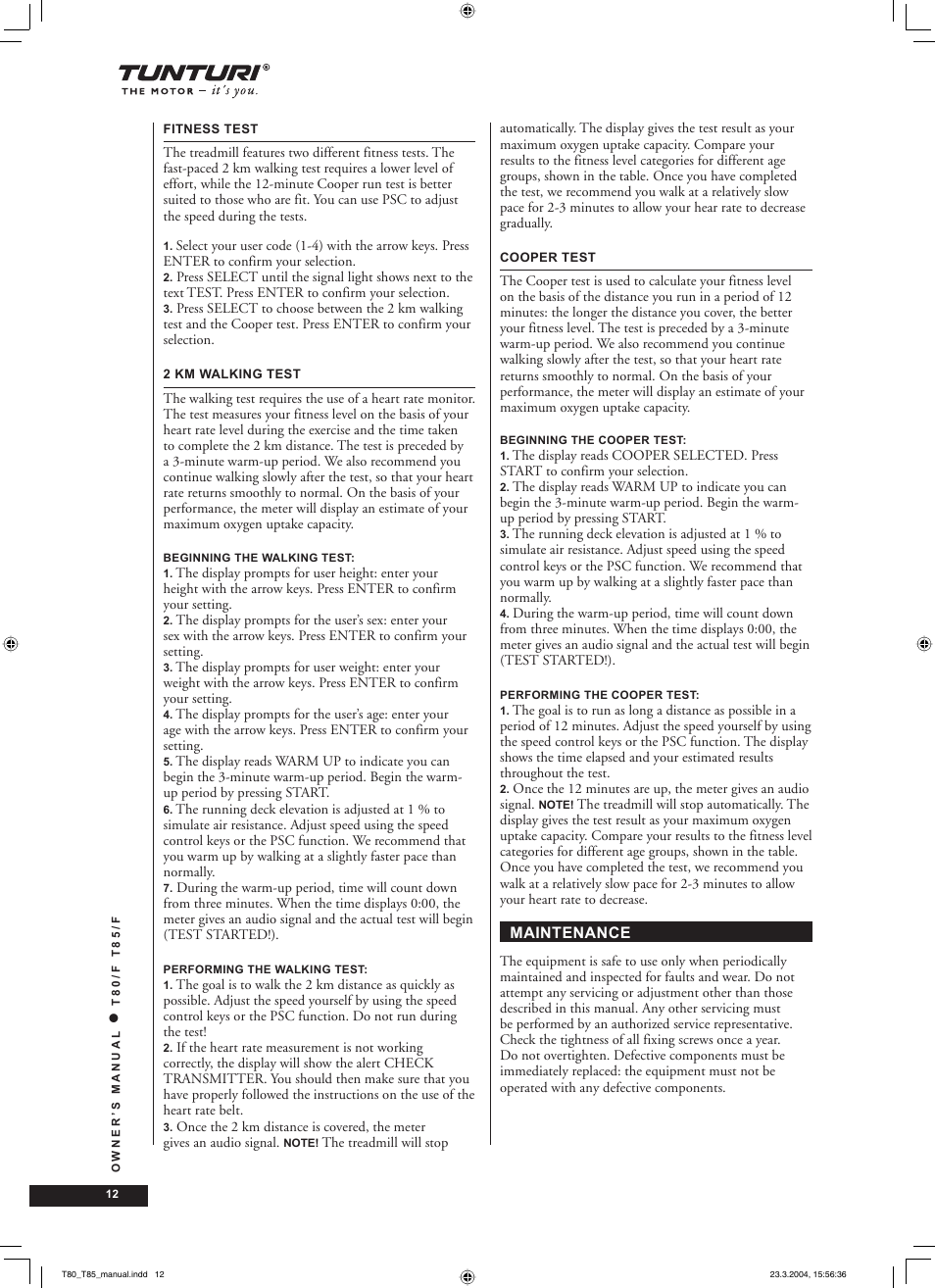 Tunturi T85/F User Manual | Page 12 / 120