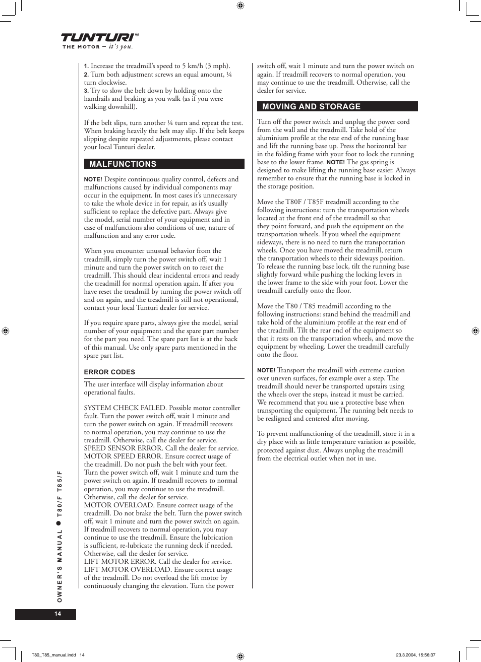Tunturi T85/F User Manual | Page 14 / 120