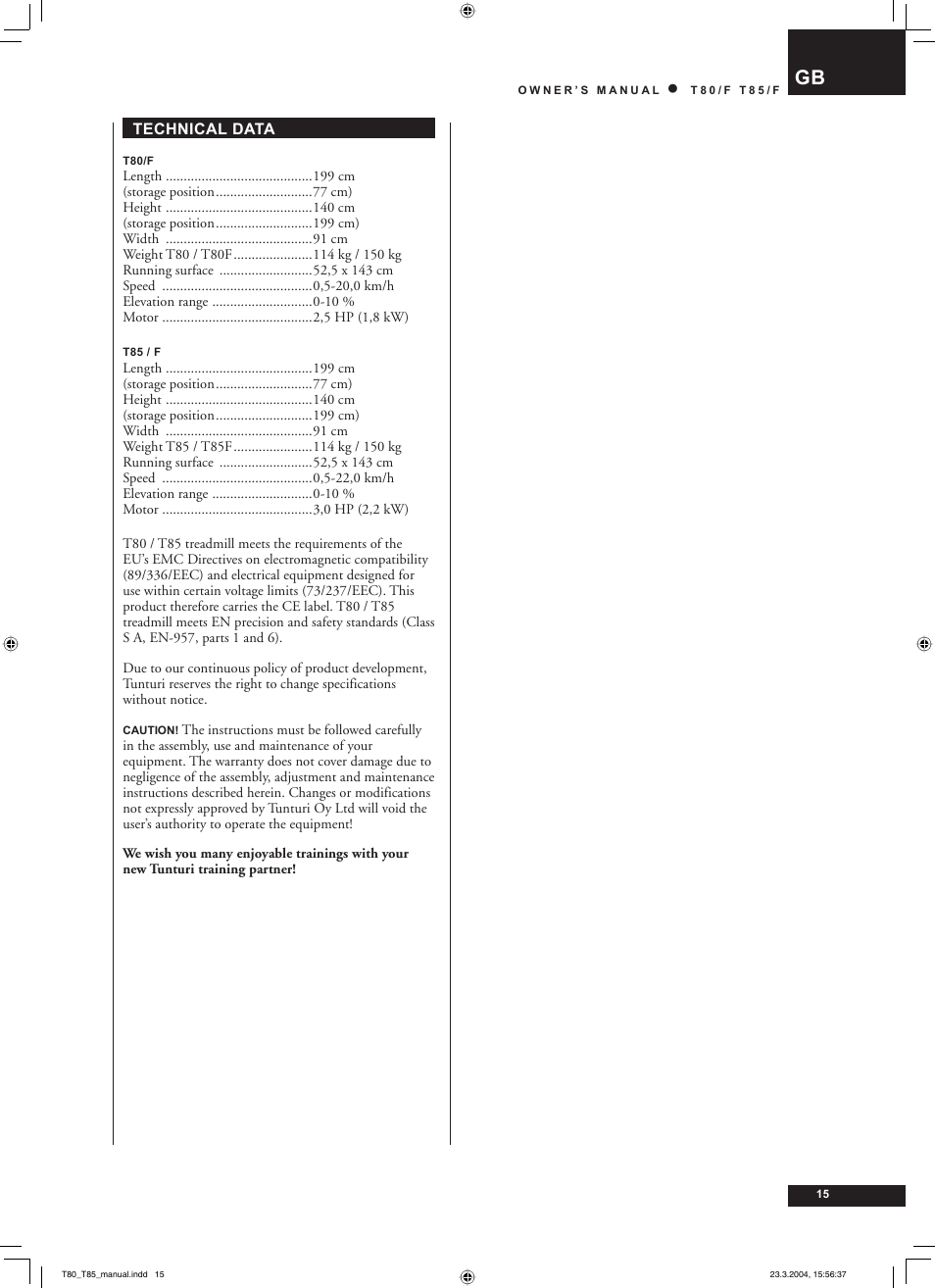 Tunturi T85/F User Manual | Page 15 / 120