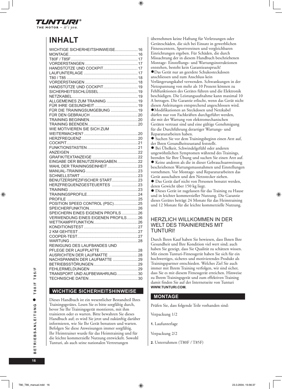 Inhalt | Tunturi T85/F User Manual | Page 16 / 120