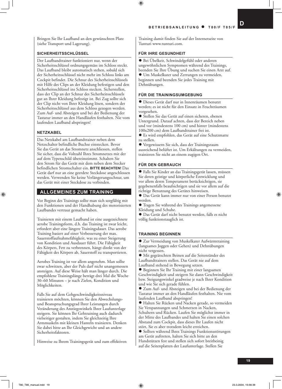 Tunturi T85/F User Manual | Page 19 / 120