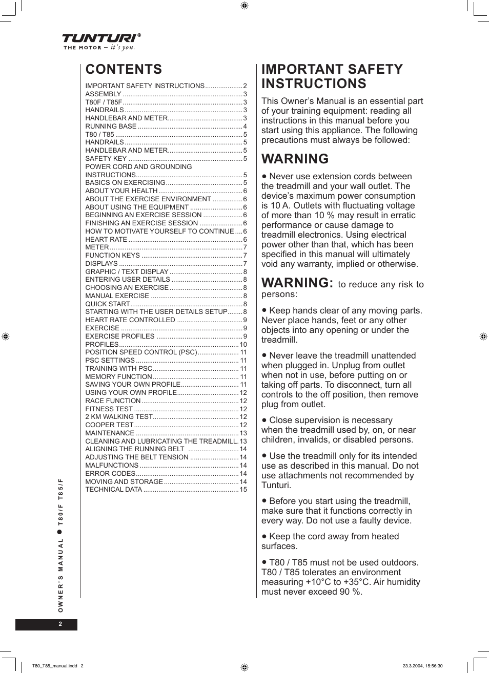 Tunturi T85/F User Manual | Page 2 / 120