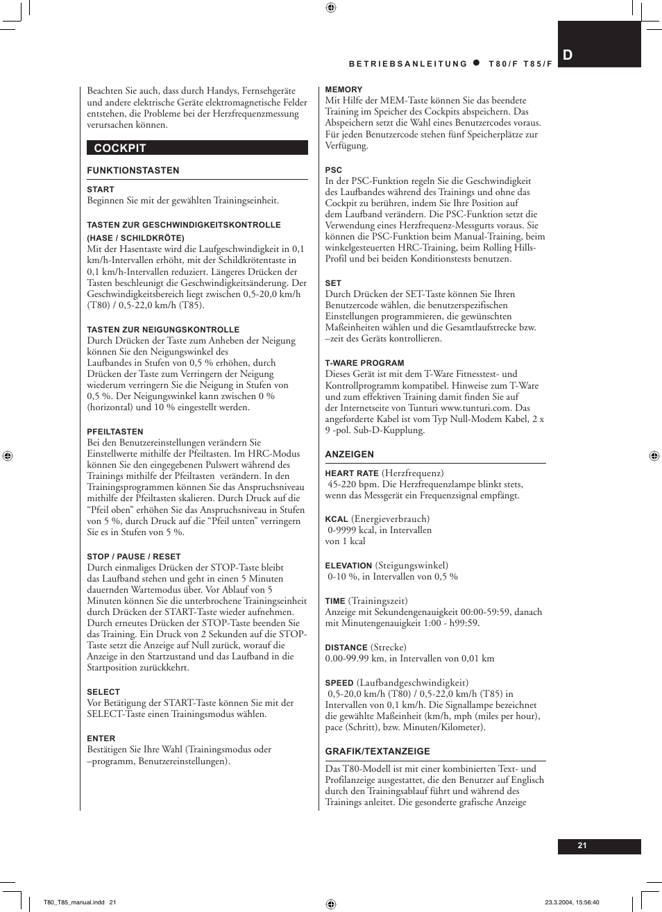 Tunturi T85/F User Manual | Page 21 / 120