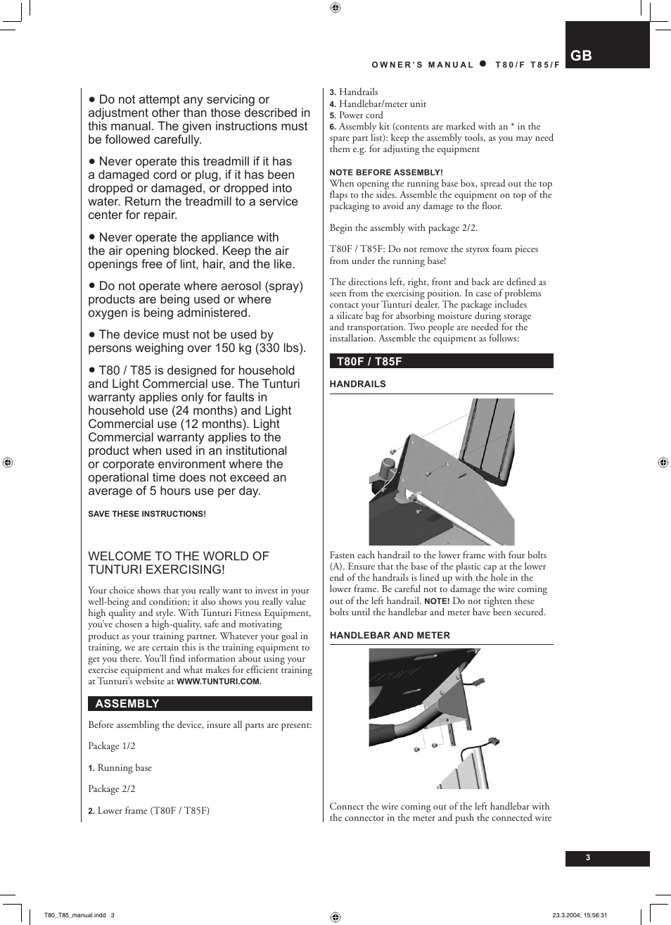 Tunturi T85/F User Manual | Page 3 / 120