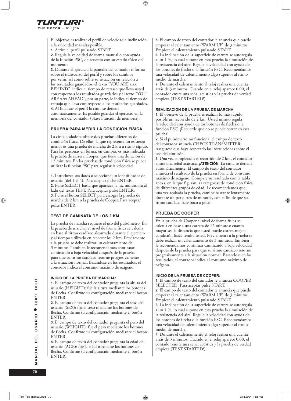 Tunturi T85/F User Manual | Page 70 / 120