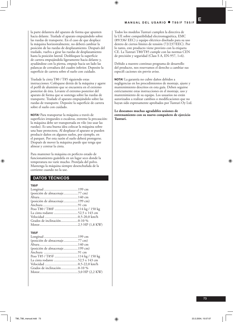 Tunturi T85/F User Manual | Page 73 / 120