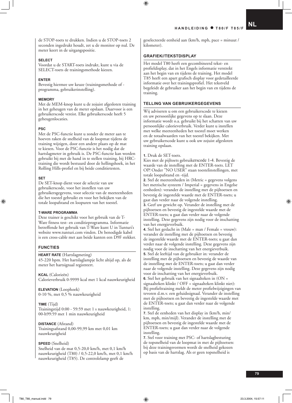 Tunturi T85/F User Manual | Page 79 / 120