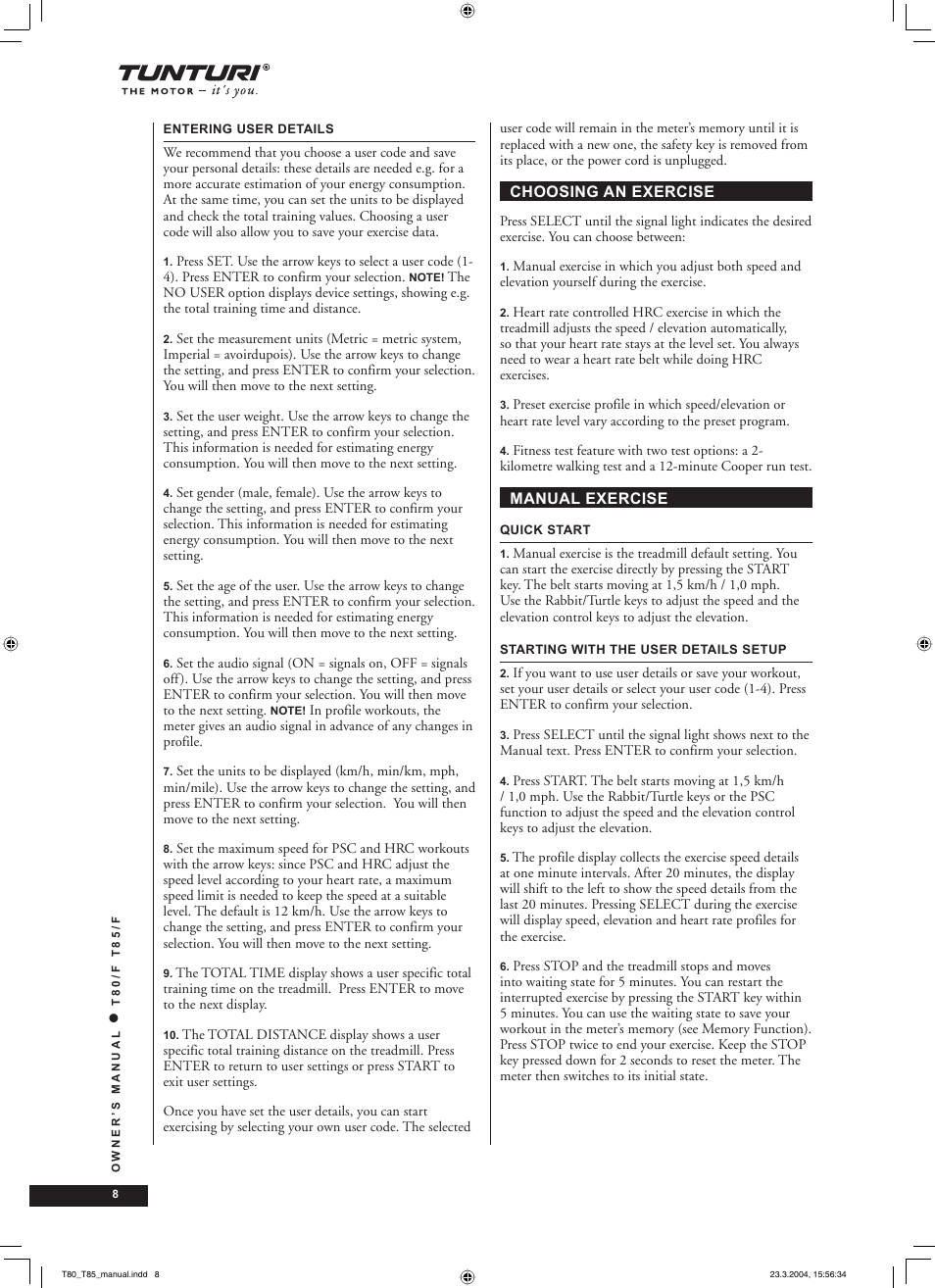 Tunturi T85/F User Manual | Page 8 / 120