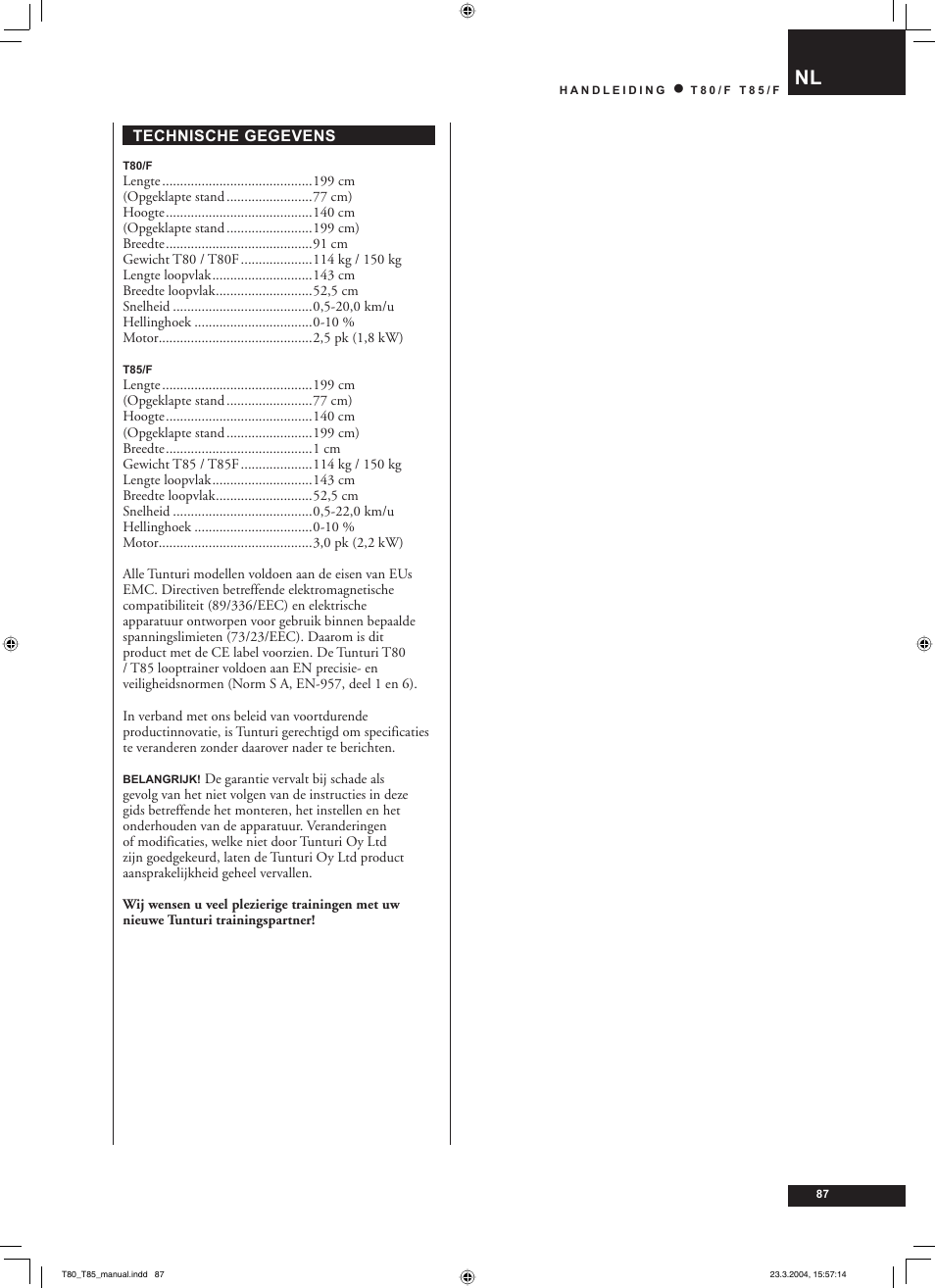 Tunturi T85/F User Manual | Page 87 / 120