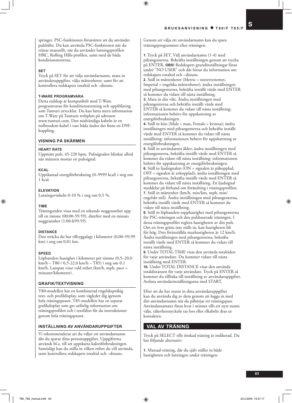Tunturi T85/F User Manual | Page 93 / 120