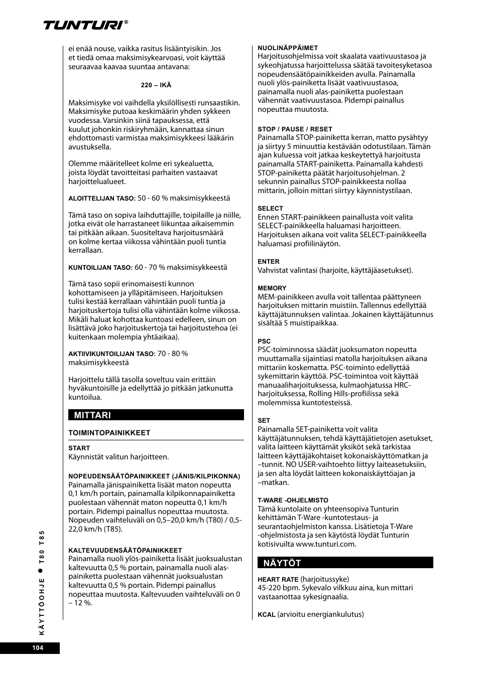 Tunturi T80 User Manual | Page 104 / 116