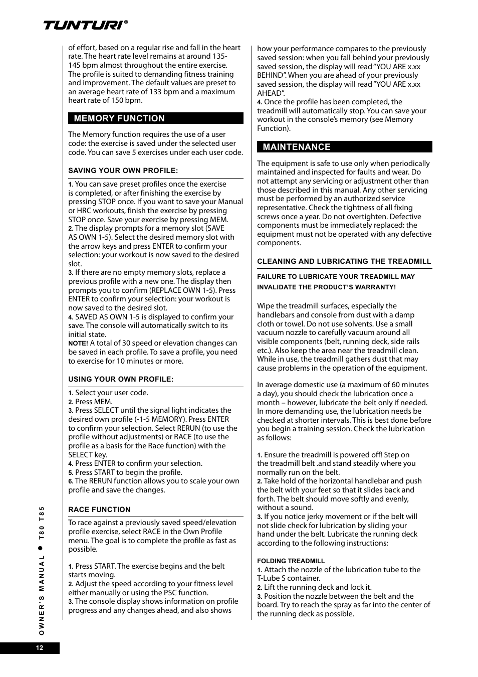 Tunturi T80 User Manual | Page 12 / 116