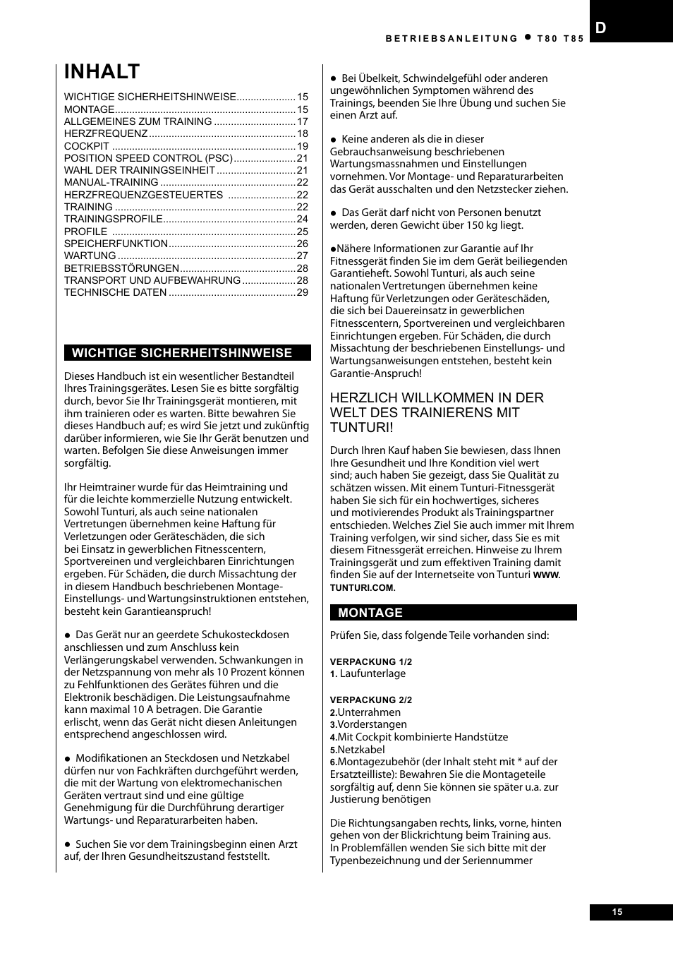 Inhalt | Tunturi T80 User Manual | Page 15 / 116