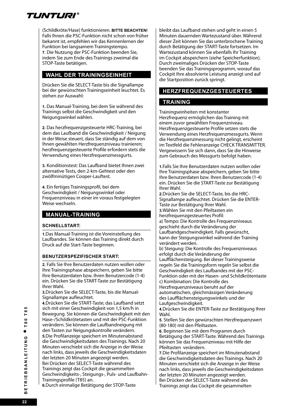 Tunturi T80 User Manual | Page 22 / 116