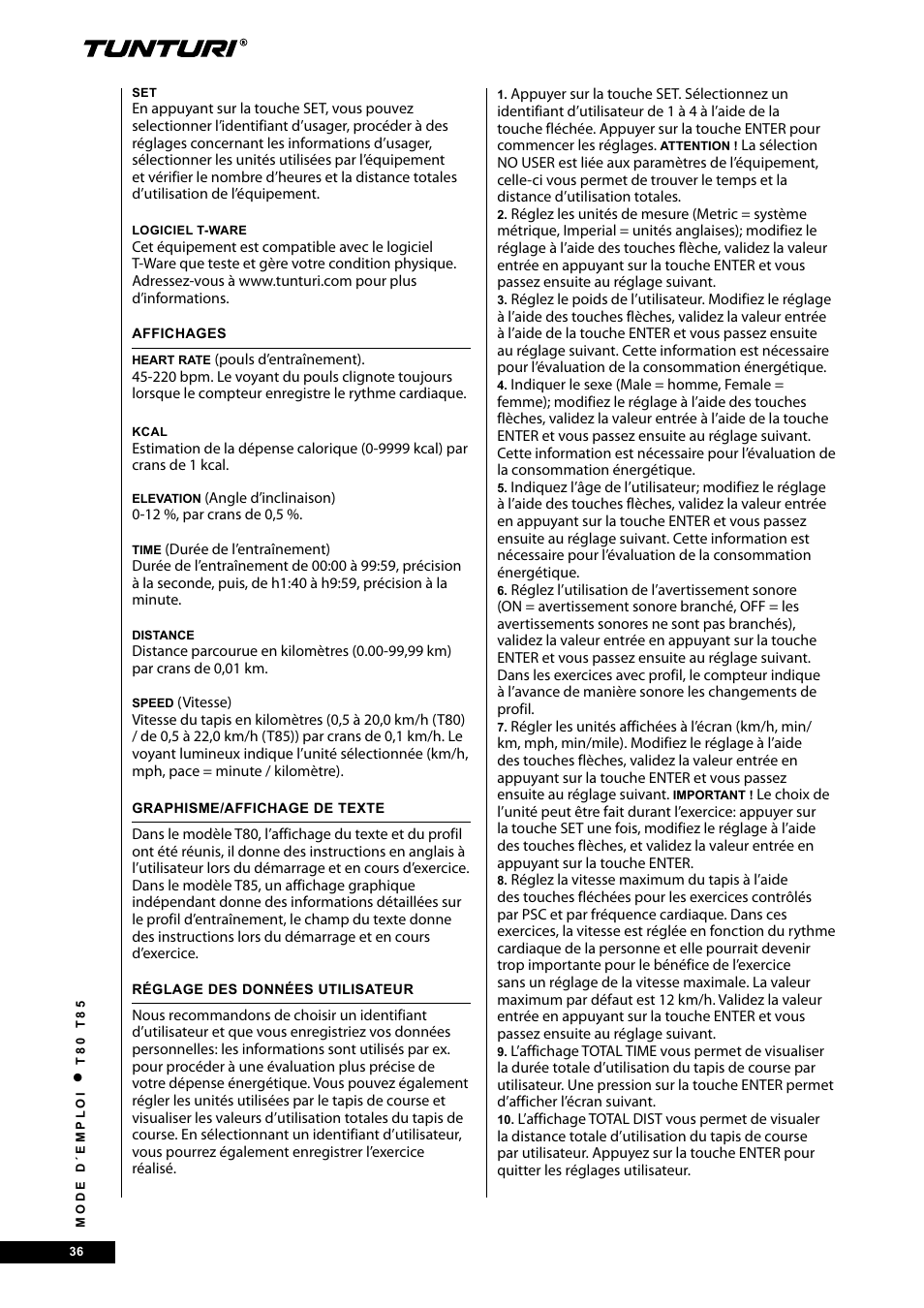 Tunturi T80 User Manual | Page 36 / 116