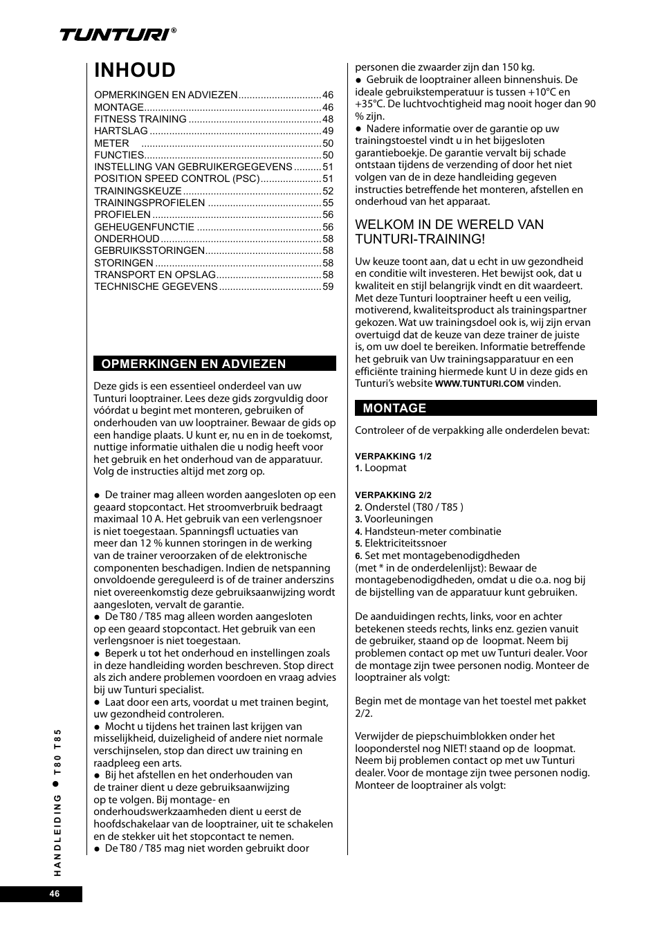 Inhoud | Tunturi T80 User Manual | Page 46 / 116