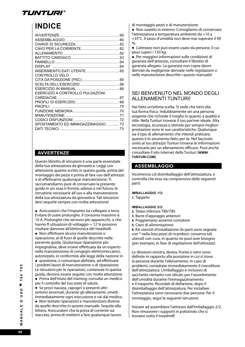 Indice | Tunturi T80 User Manual | Page 60 / 116