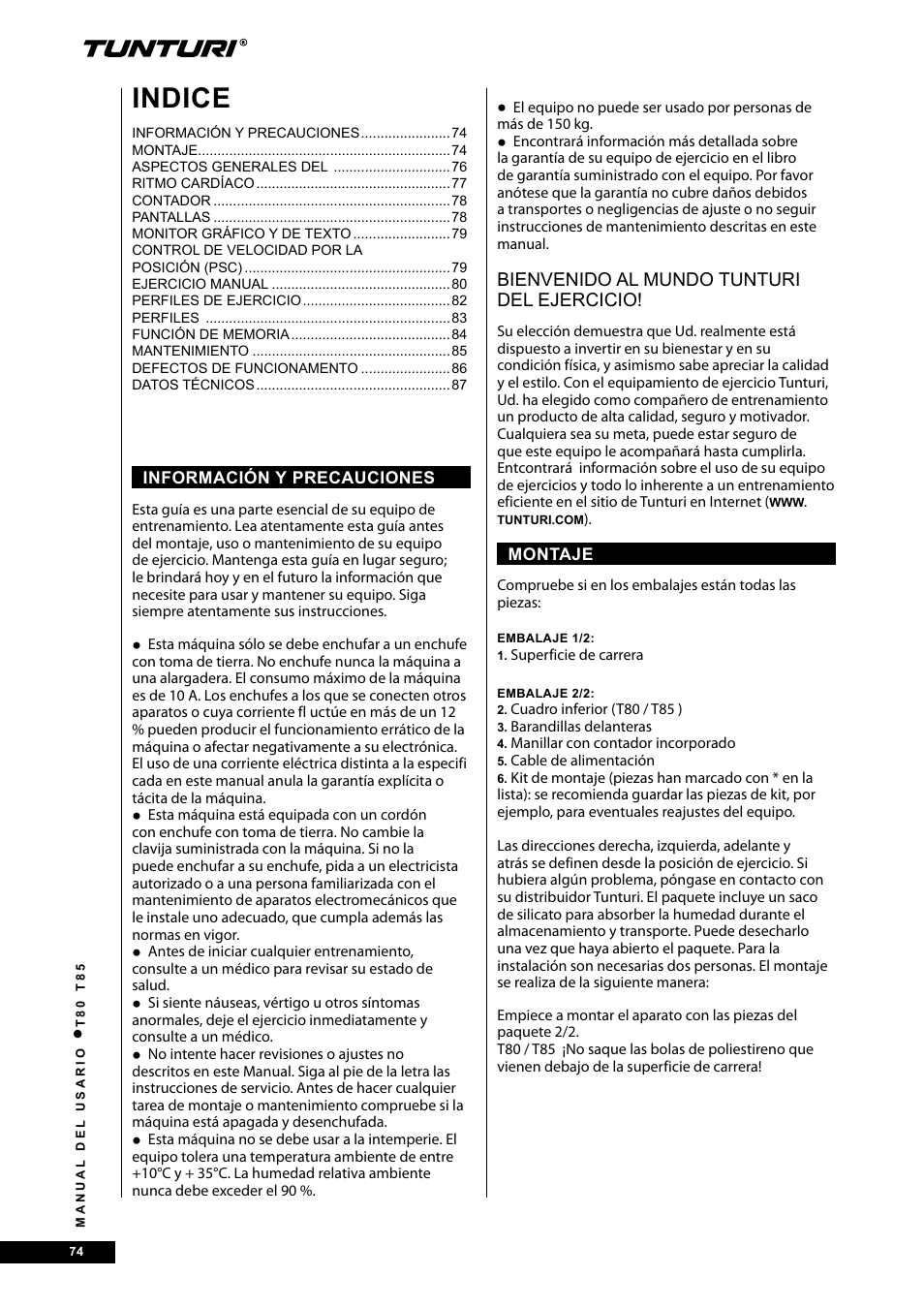 Indice | Tunturi T80 User Manual | Page 74 / 116